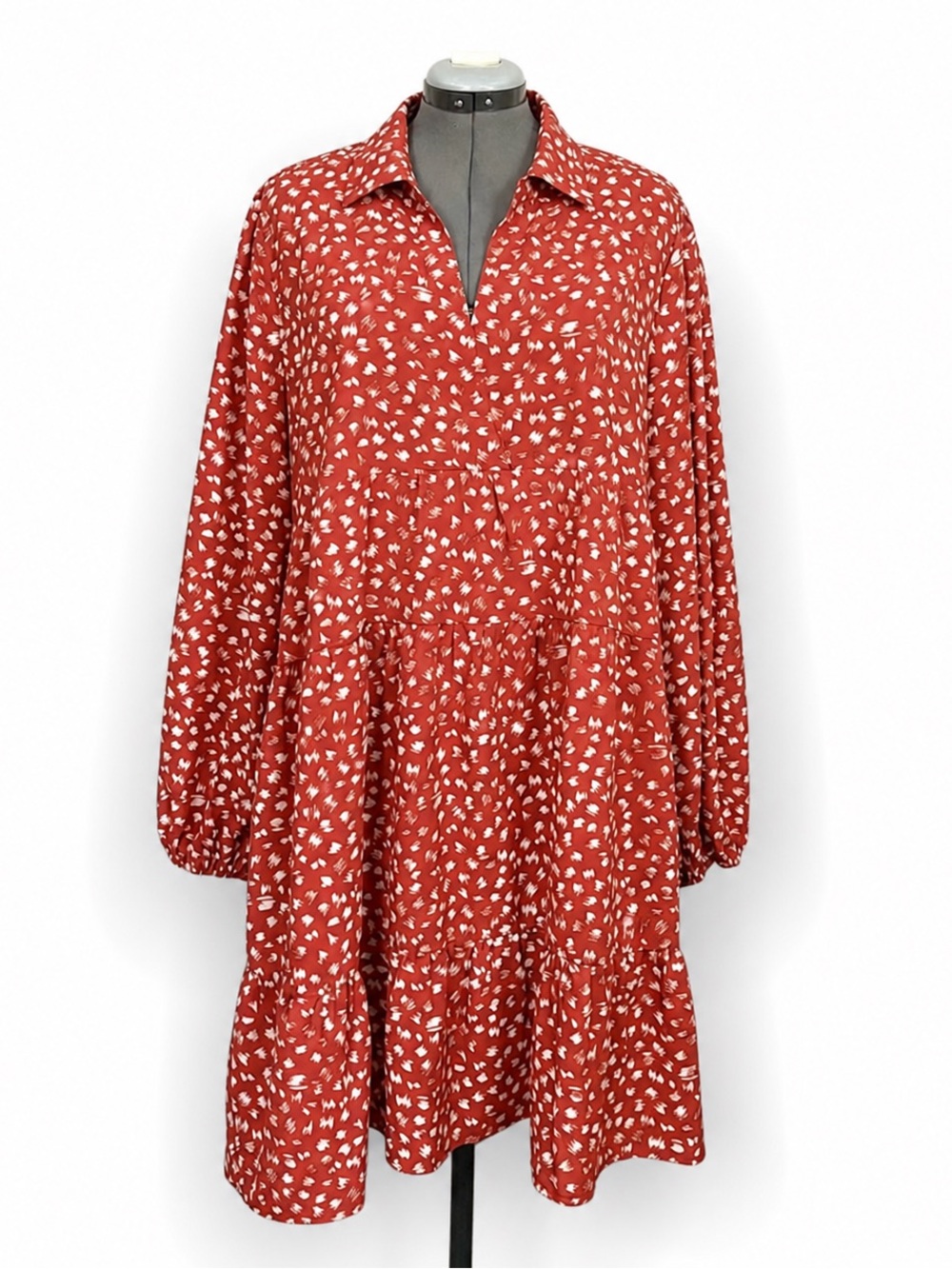 Umgee 2XL Rust Terracotta Boho Tiered Babydoll Dress Long Sleeve - Picture 2 of 5